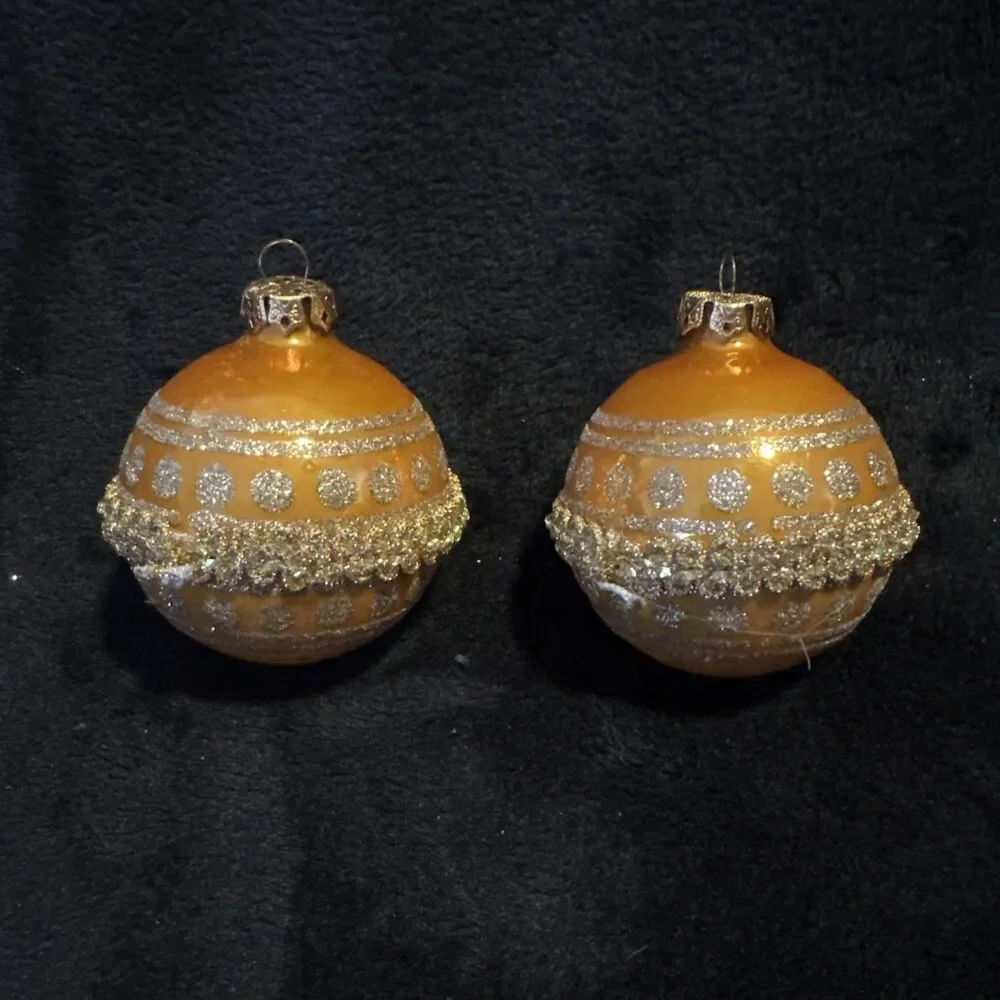 2 Vintage 50s Shiny Brite Gold Glitter Circles Ribbon Christmas Ornaments